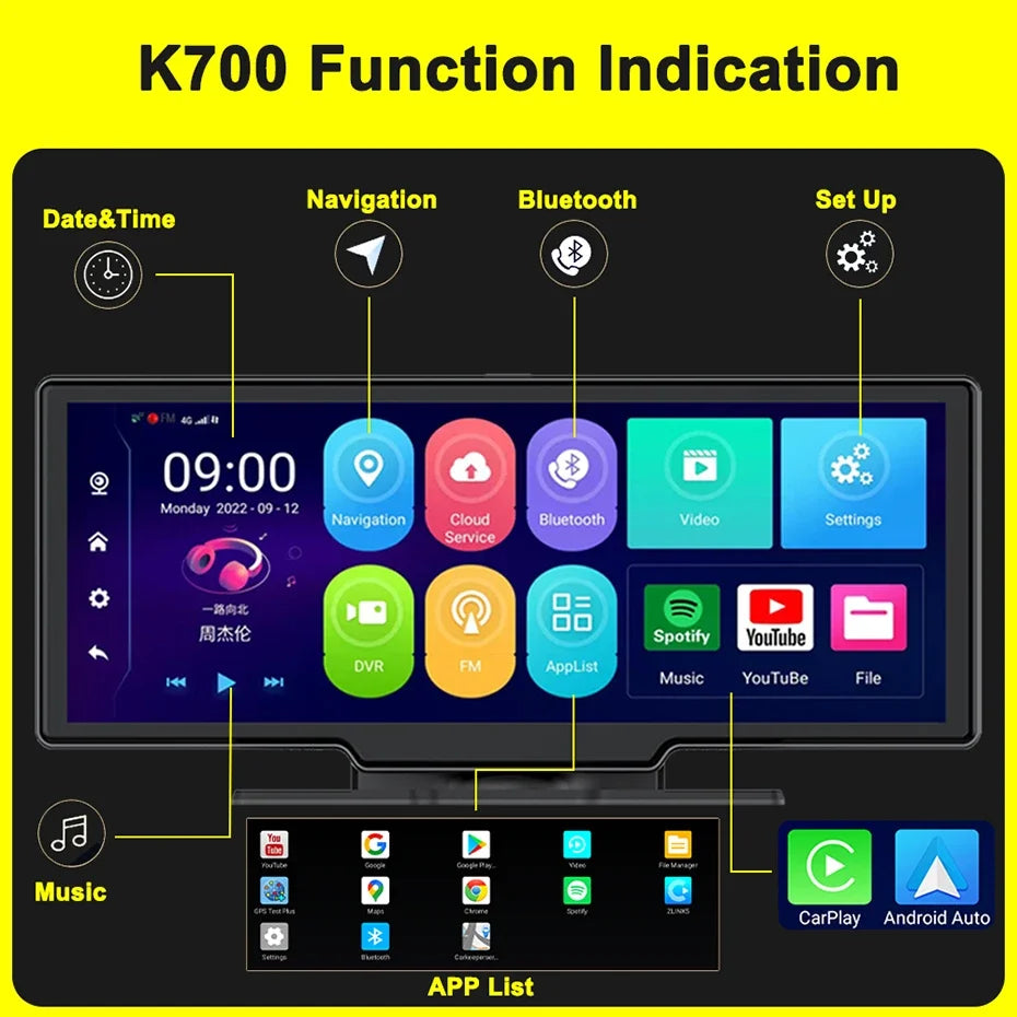 10.26 Inch Car DVR K700 Carplay Auto 4G GPS Navigation