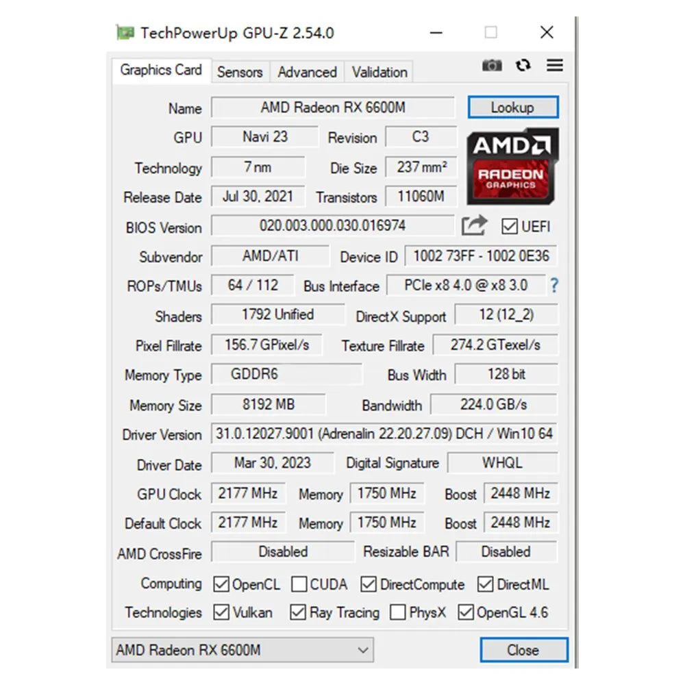 Radeon RX6600M 8GB Graphics Card