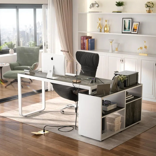 L Shaped Desk with File Cabinet & Power Outlet