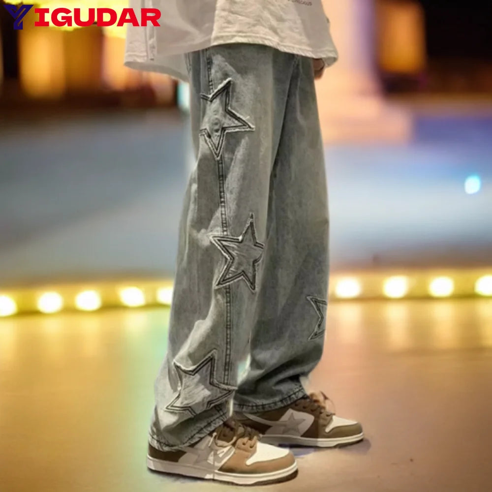 Star Embroidery Straight Casual Jeans
