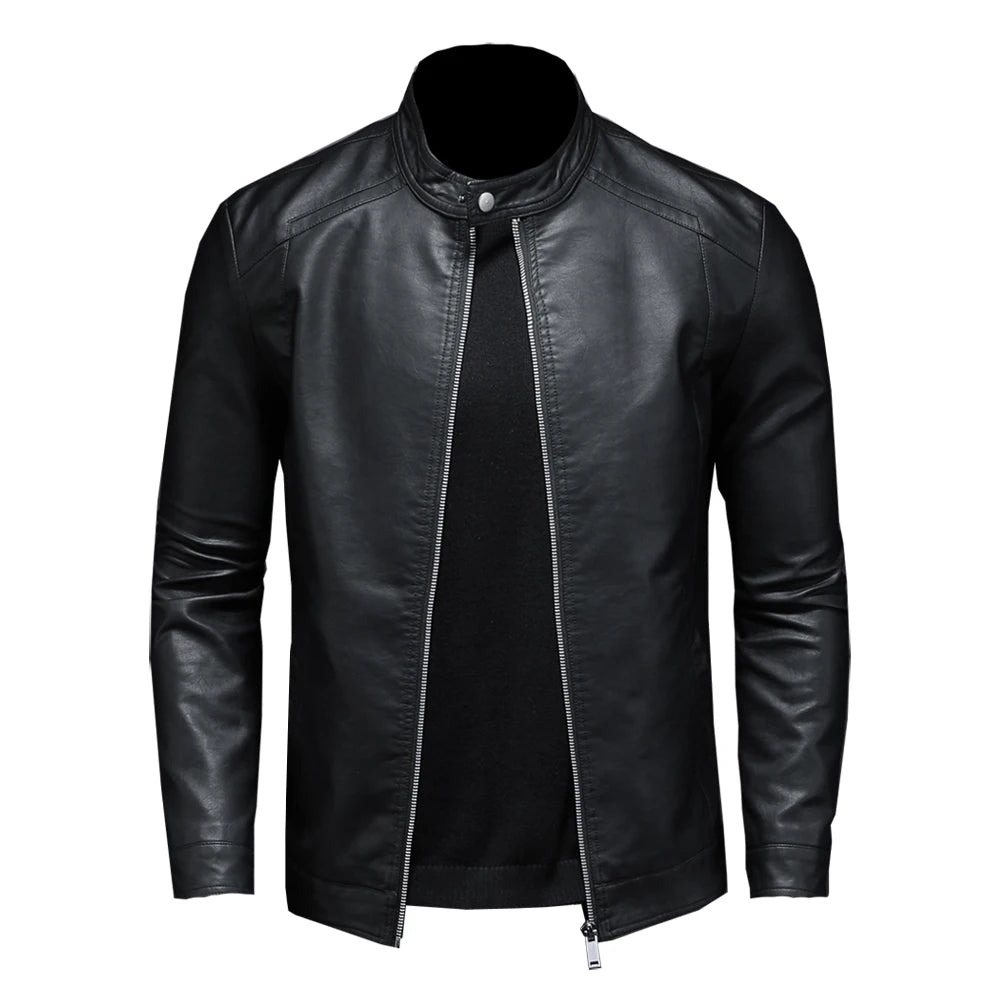 Men Stand Collar Slim Pu Leather Biker Jacket