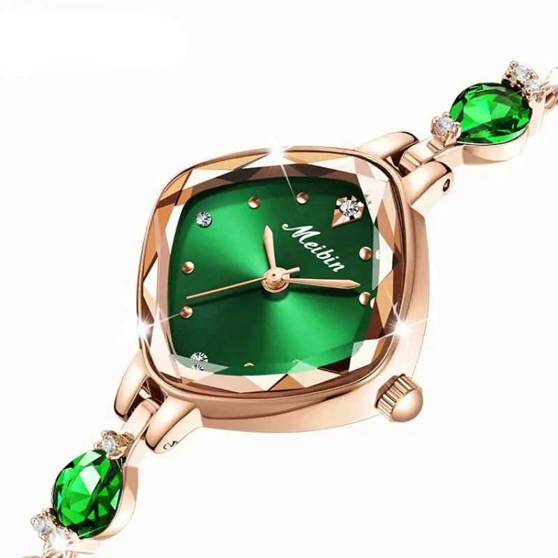 Women Green Rhinestone Square Wrist Watches