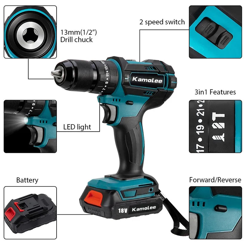 10mm/13mm Brushed Cordless Electric Impact Drill