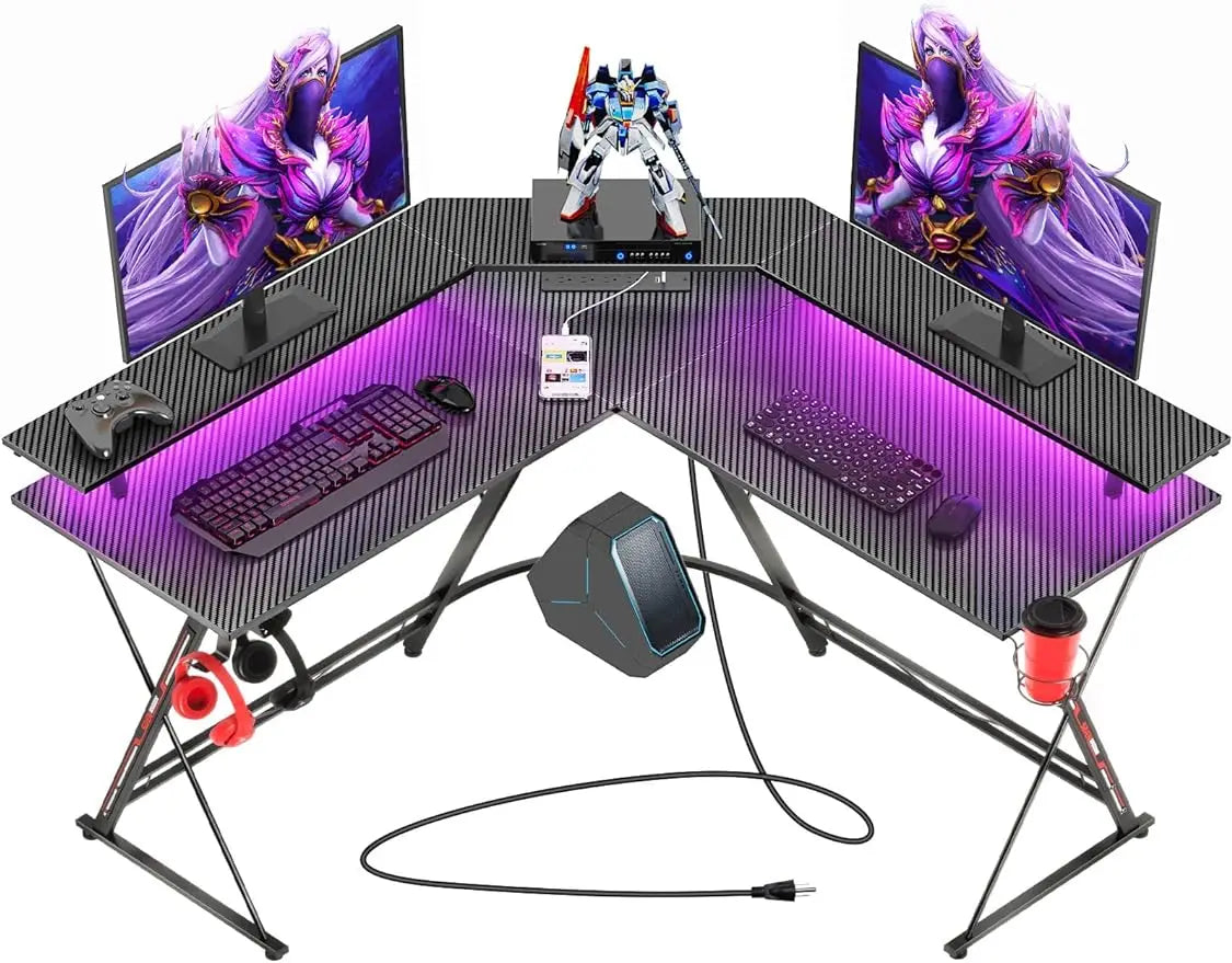 L Shaped Gaming Desk with LED Lights & Power Outlets