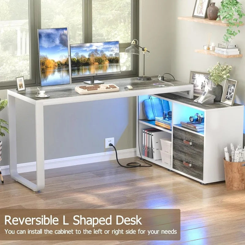 L Shaped Desk with File Cabinet & Power Outlet