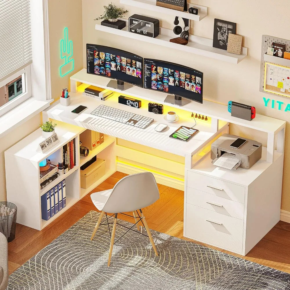 L Shaped Desk with Power Outlets LED Lights