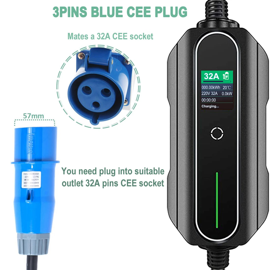 Type 2 32A 1 Phase 7KW Portable EV Charger