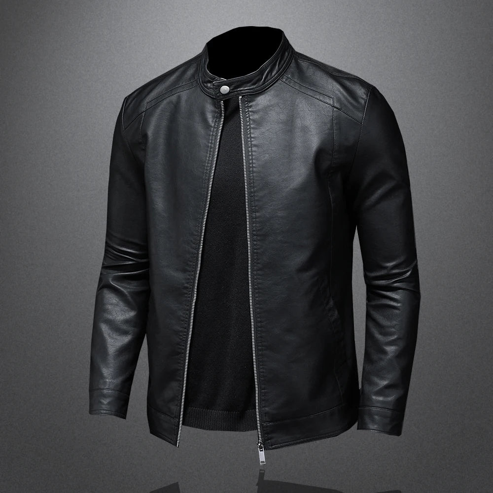 Men Stand Collar Slim Pu Leather Biker Jacket