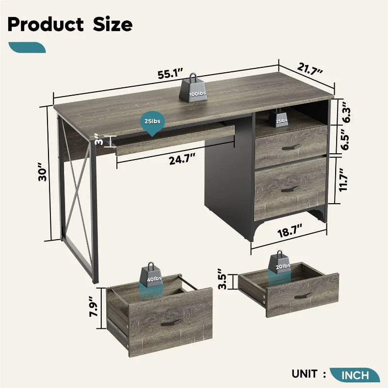 55 inch Office Desk with Drawers