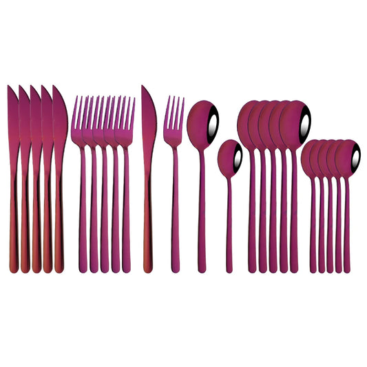 24Pcs Mirror Purple Tableware Cutlery Silverware Set
