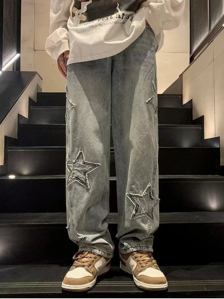 Star Embroidery Straight Casual Jeans