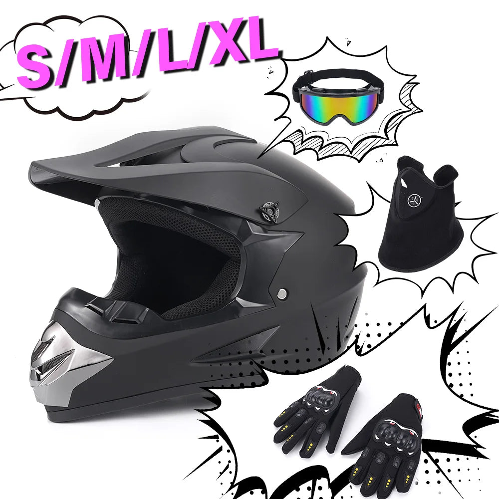 Motocross Full Face Helmet Adult Dirt Bike UTV Off-Road Helmet Goggles Gloves and Face Mask Matte Black Motorcycle Accessories