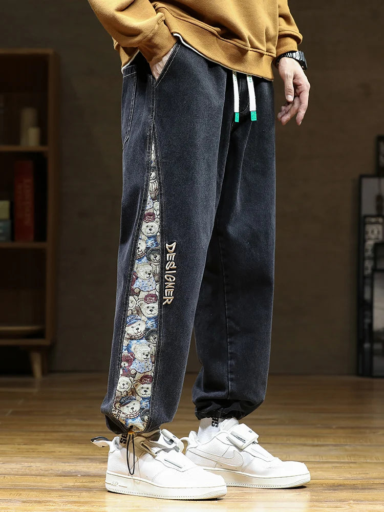 Men's Straight Fashion Bear Patchwork Jeans