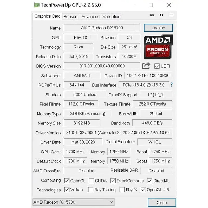 AMD RX5700 8G GDDR6 Graphics Card