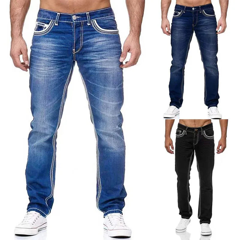 Men Solid Pockets Stretch Denim Straight Pants