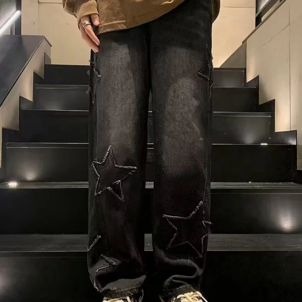 Star Embroidery Straight Casual Jeans