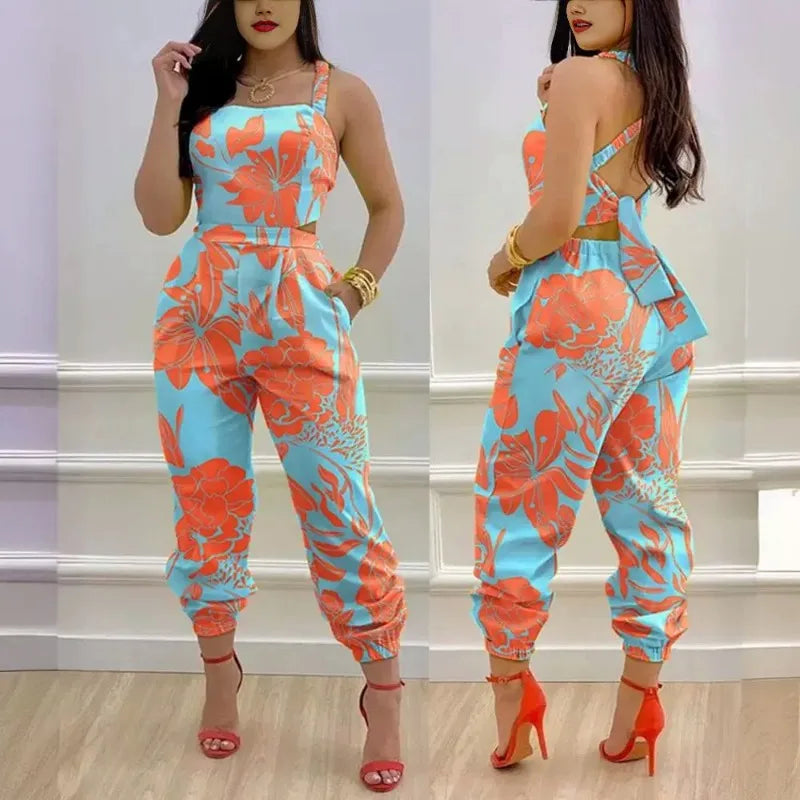 Camisole Backless Bow Print High Waisted Jumpsuit