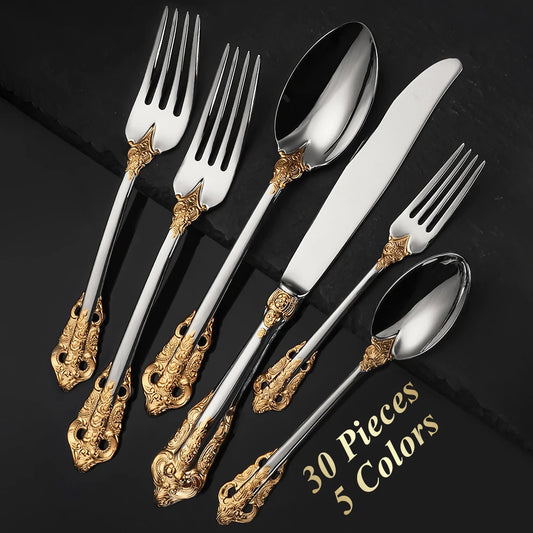 30-Pieces Royal Vintage Gold Plated Stainless Steel Cutlery Silverware set
