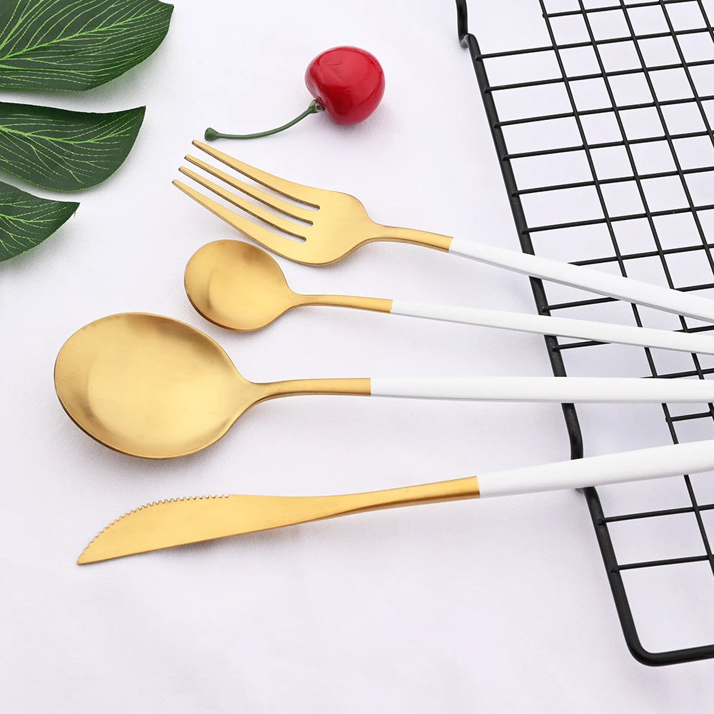 48Pcs Matte Mint Green Gold Tableware Silverware Set