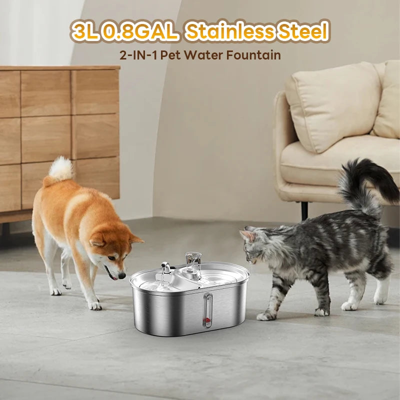 0.8GAL 2-IN-1 Automatic Stainless Steel Pet Water Fountain