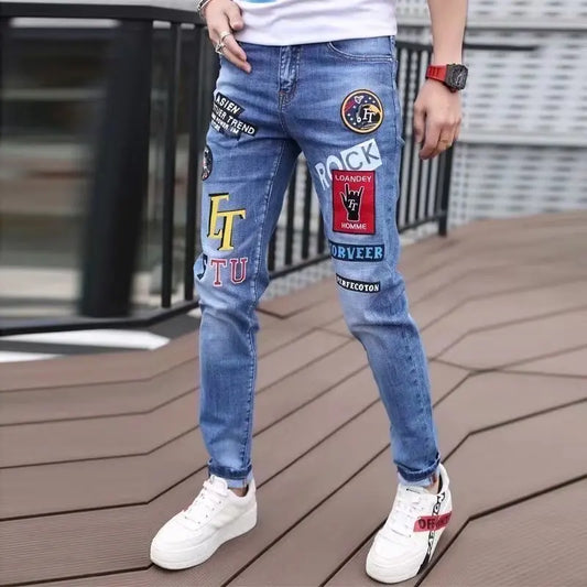 Mens Embroidery Skinny Denim Pencil Pants