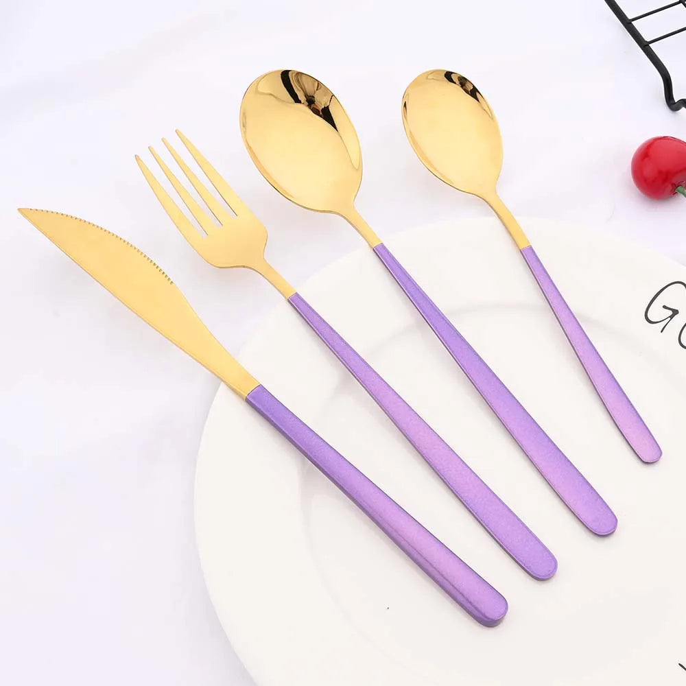 24Pcs Mirror Purple Tableware Cutlery Silverware Set
