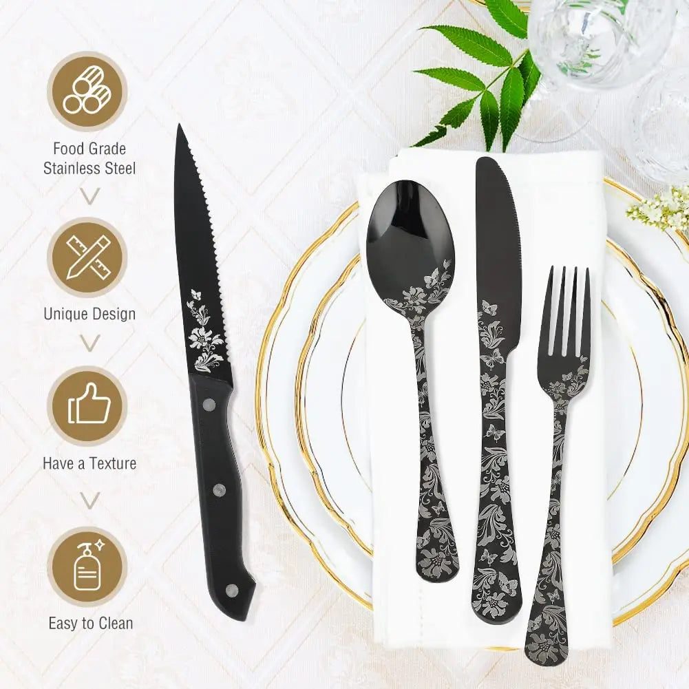 24-Piece Black Silverware Set