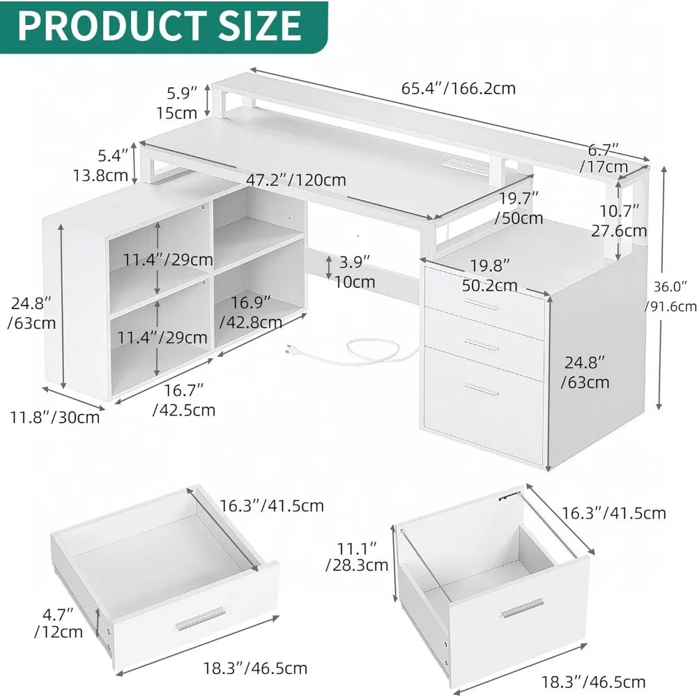 L Shaped Desk with Power Outlets LED Lights