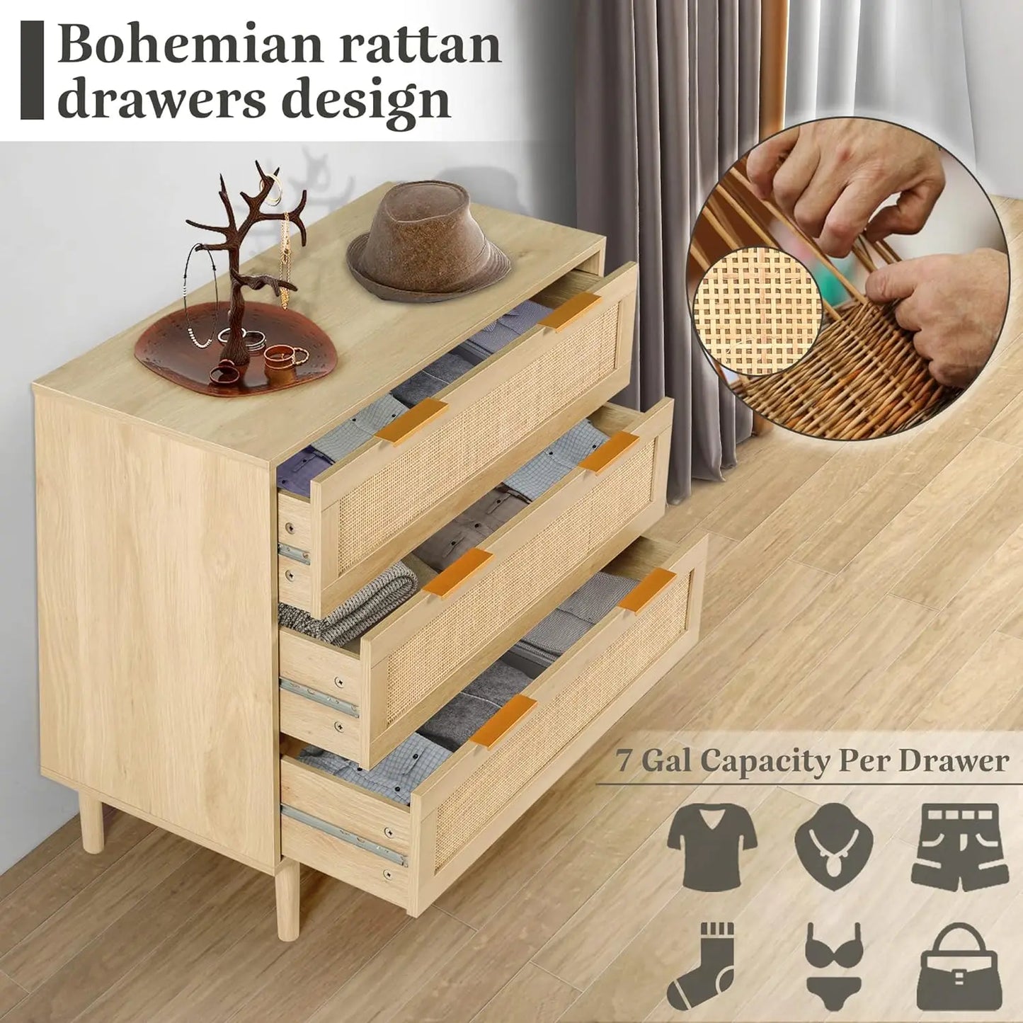 Rattan 3-Drawer Dresser