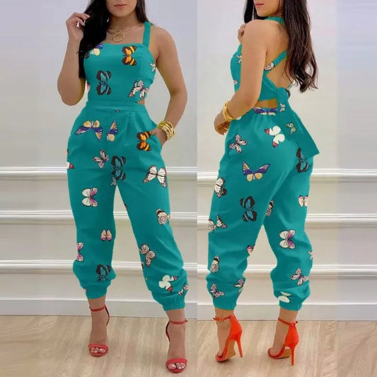 Camisole Backless Bow Print High Waisted Jumpsuit