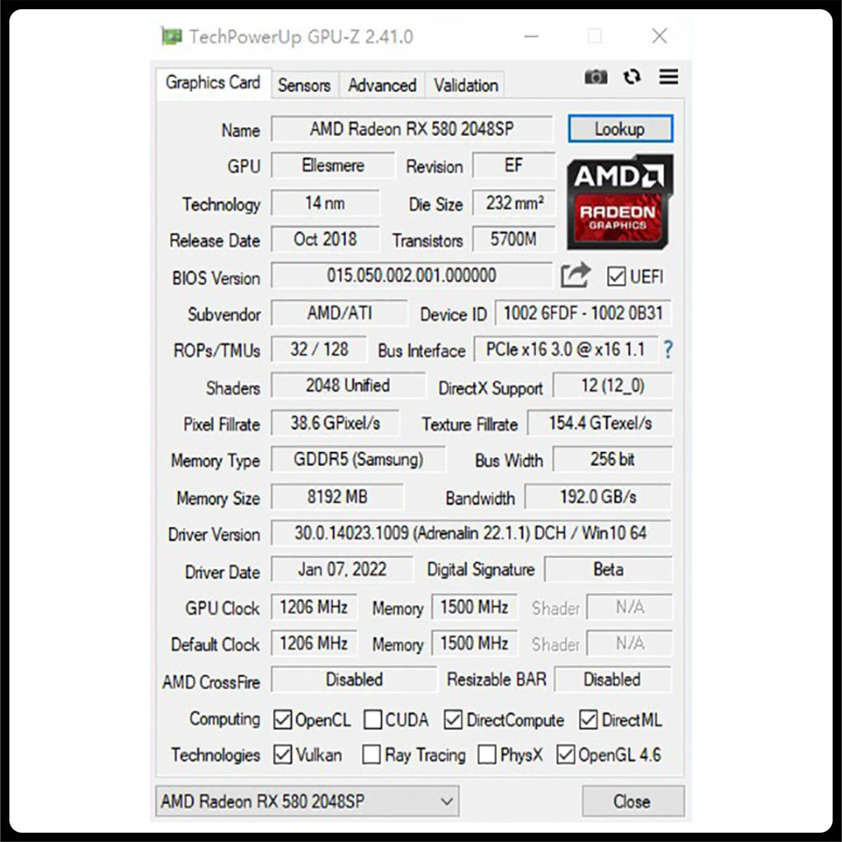 RX580 8 GB 2048 SP Graphics Card