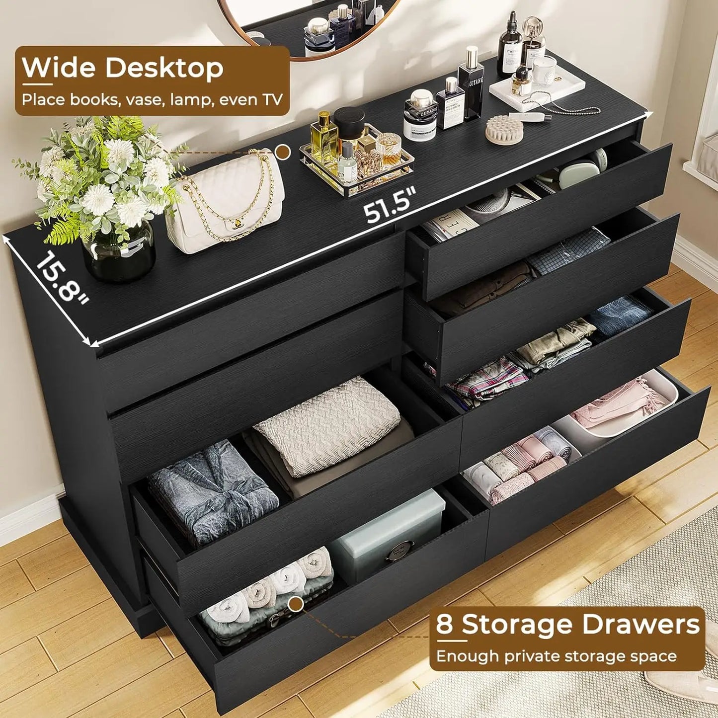 8-Drawer Black Bedroom Dresser