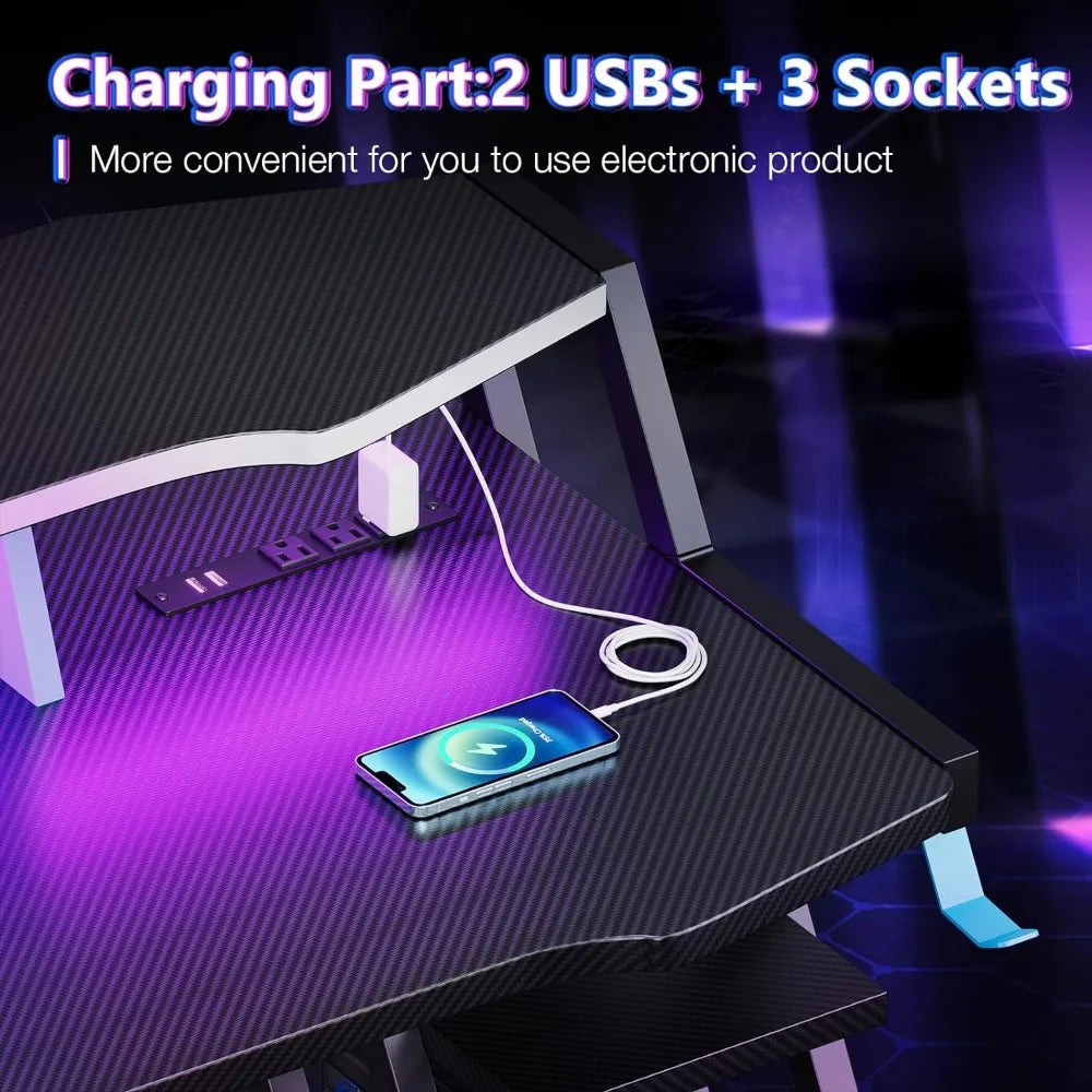 Computer Desk with Power Outlet & LED Lights