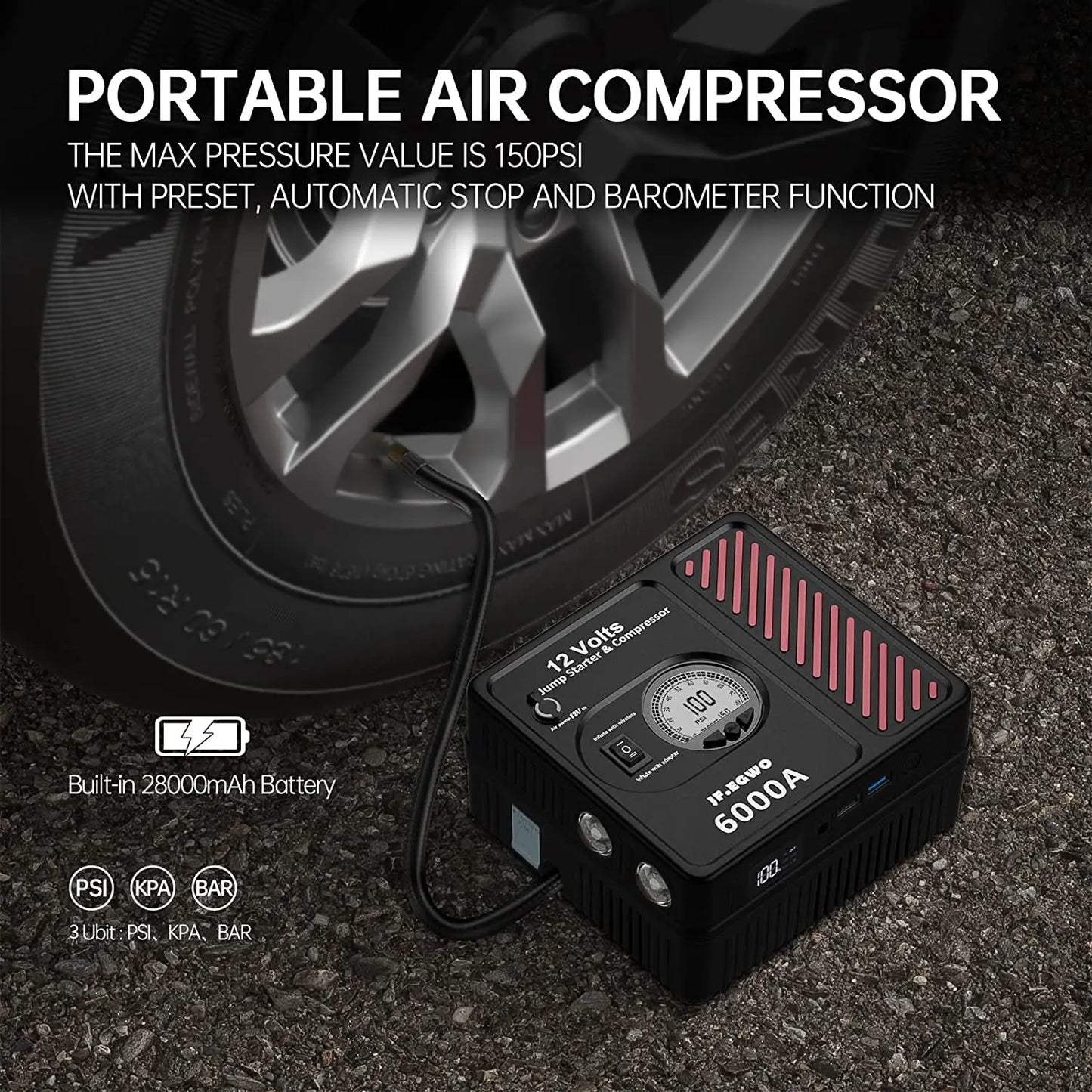 6000A Car Jump Starter Tire Inflator 150PSI Air Compressor