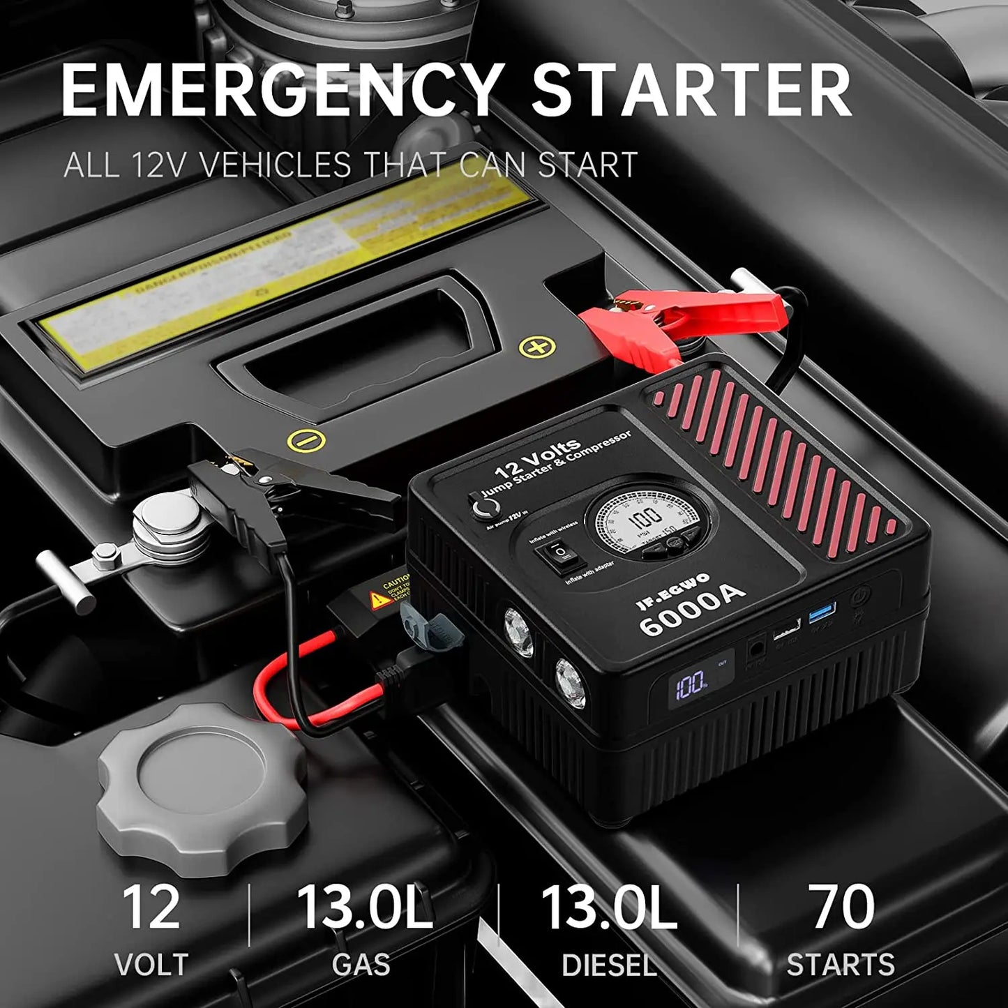 6000A Car Jump Starter Tire Inflator 150PSI Air Compressor