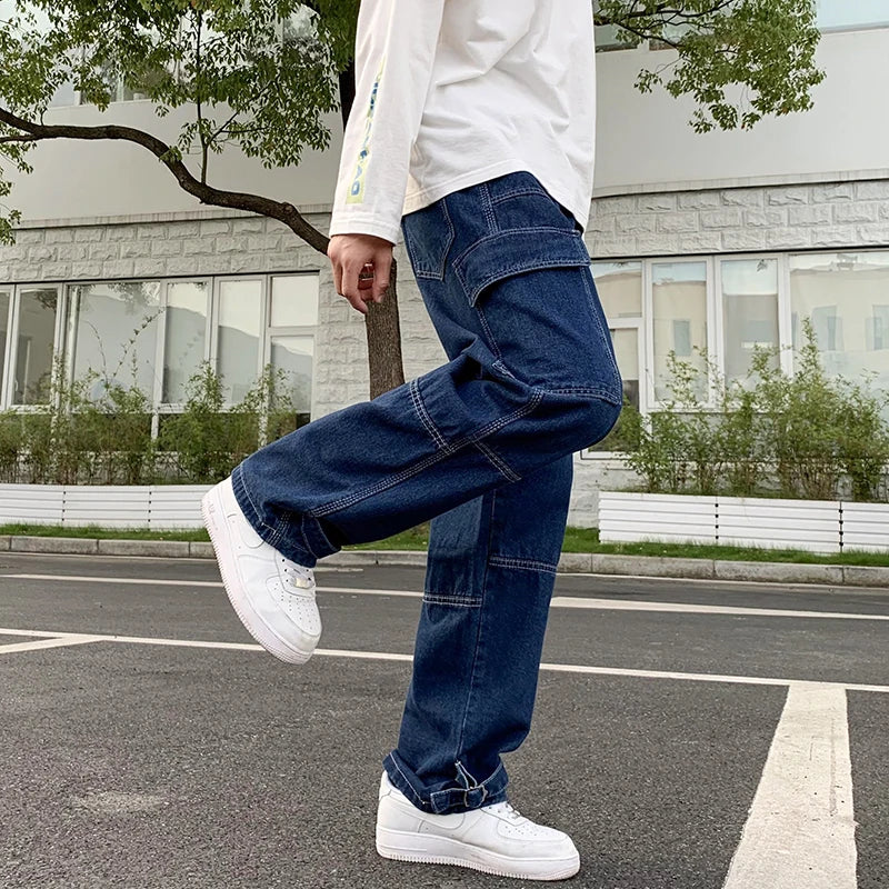 Men Wide Leg Hip Hop Casual Denim Pants