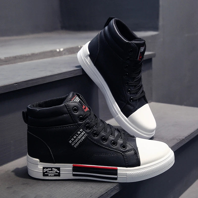 Men Leather High-Top Skateboarding Shoes