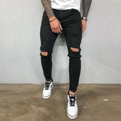 Men Knee Hole Ripped Stretch Skinny Denim Pants