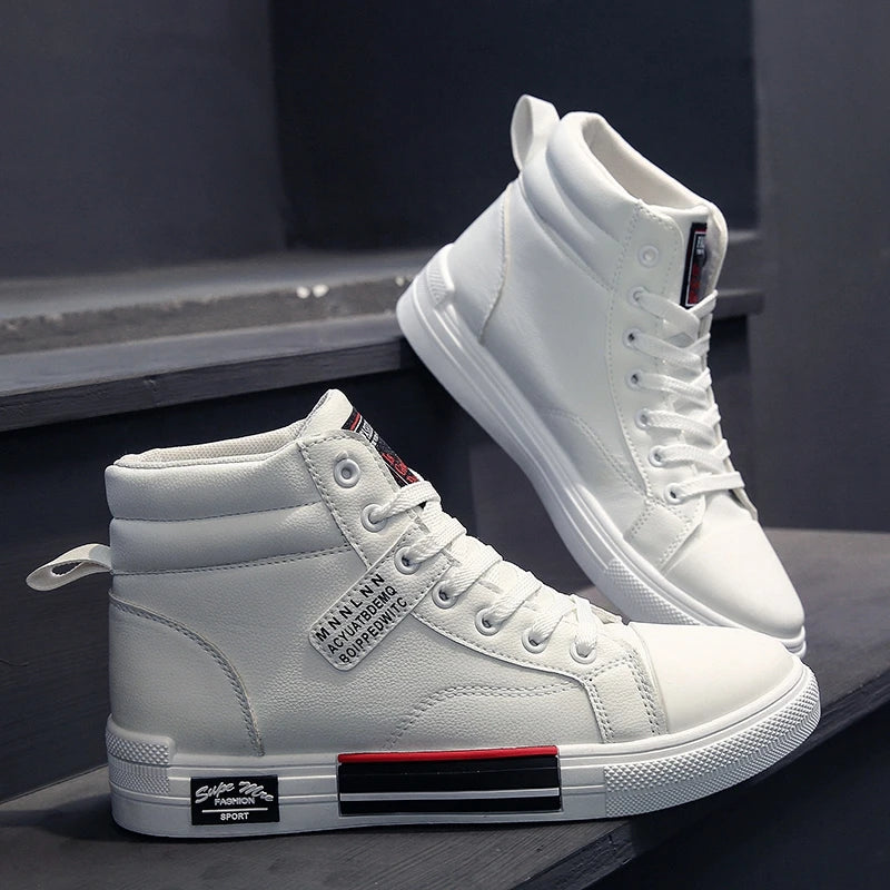 Men Leather High-Top Skateboarding Shoes