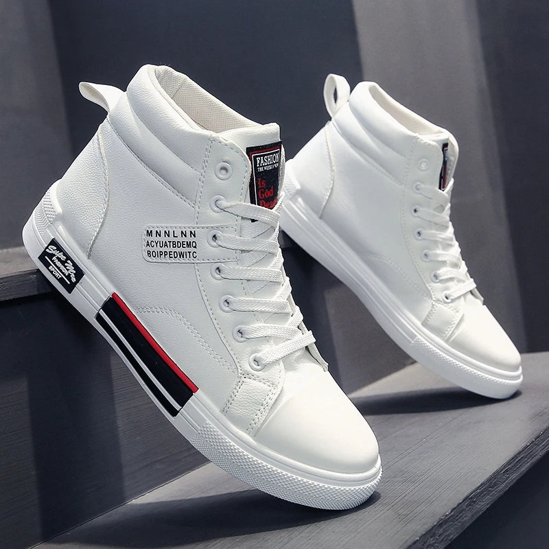 Men Leather High-Top Skateboarding Shoes