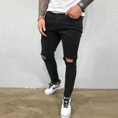 Men Knee Hole Ripped Stretch Skinny Denim Pants