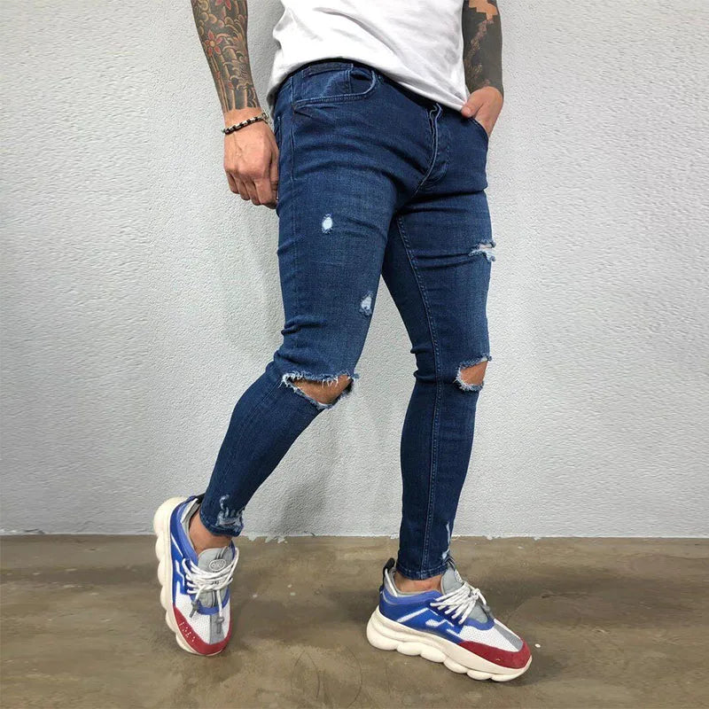 Men Knee Hole Ripped Stretch Skinny Denim Pants