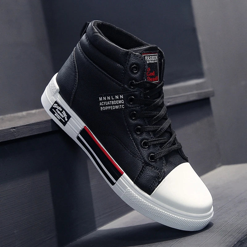 Men Leather High-Top Skateboarding Shoes