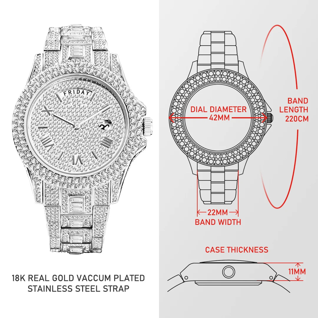 Men Luxury Full Diamond Silver Watch