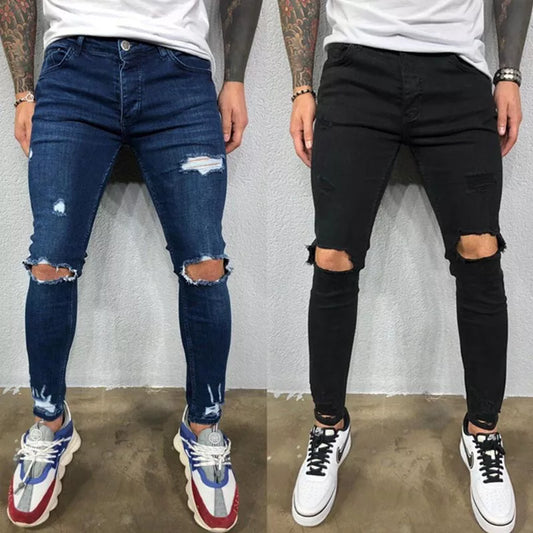 Men Knee Hole Ripped Stretch Skinny Denim Pants