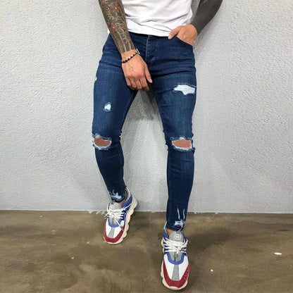 Men Knee Hole Ripped Stretch Skinny Denim Pants