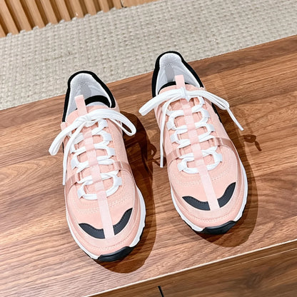Retro Chunky Sneakers  Genuine Leather Round-Toe Lace-Up