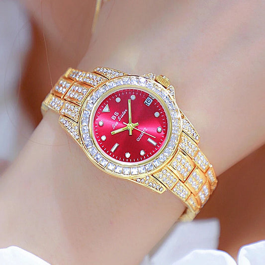 Women Silver Stainless Steel Rhinestone Wristwatch