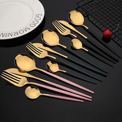 Stainless Steel Dinner Black Gold Silverware Set