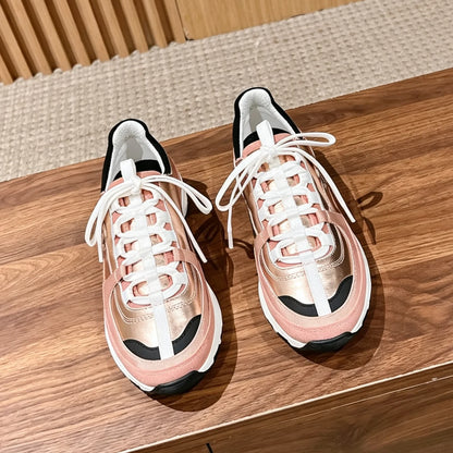 Retro Chunky Sneakers  Genuine Leather Round-Toe Lace-Up